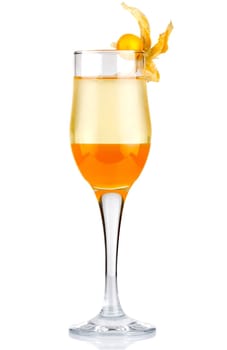 Sliced alcohol cocktail with physalis berry isolated on white background