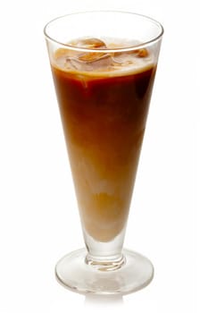 Cold non-alcoholic cocktail with coffee and ice isolated on white background
