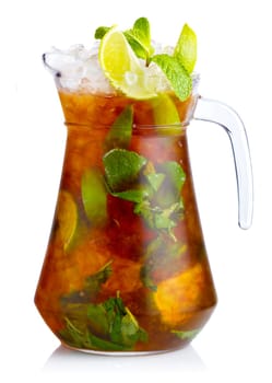 Fresh nonalcoholic cocktail with lime, apple and green mint leaves isolated