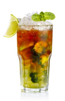 Glass of fresh nonalcoholic cocktail with lime, apple and green mint leaves isolated