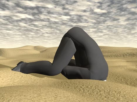 Businessman burying his head in the sand into desert by cloudy day - 3D render