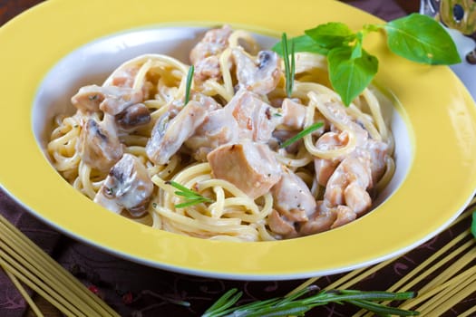 Italian pasta with sauce, beef and mushrooms, served on a plate