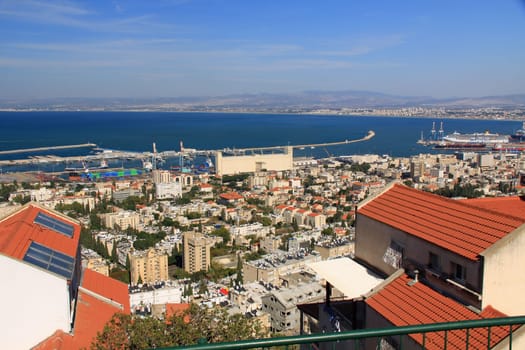 Panoramic view of the Mediterranean seaport of Haifa Israel.