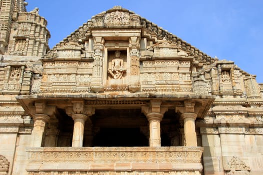 Frontal view of temple of Lord Krishna’s devotee Meera in the vicinity of Victory Tower, Chittorgarh Fort, Rajasthan, India, Asia
