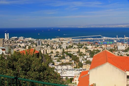 Panoramic view of the Mediterranean seaport of Haifa Israel.
