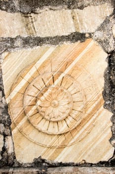 View of grains and carving on stone wall at Victory Tower, Chittorgarh Fort, Rajasthan, India, Asia