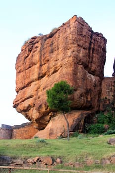 Huge vertical box like rock formation at Badami, Karnataka, India, Asia