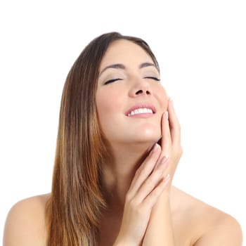 Beauty woman with perfect skin and manicure and white smile isolated on a white background