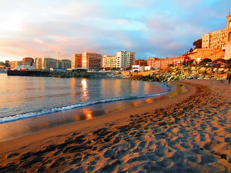 Beach in Genova at dusk, Italy
