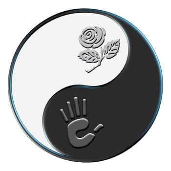 The classic yin yang symbol with a rose and human hand symbolizing coexisting with nature.