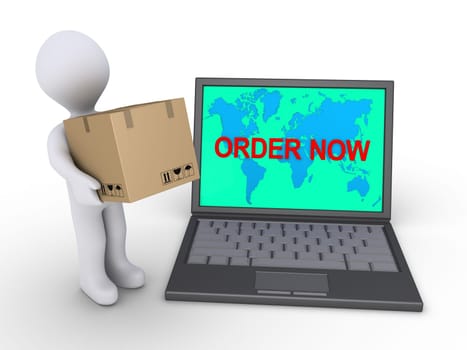 Person with a cardboard box is next to a laptop with the world map