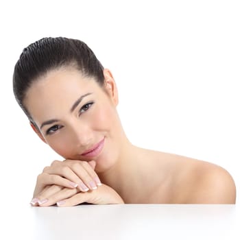 Beauty woman soft skin face and hands with french manicure isolated on a white background