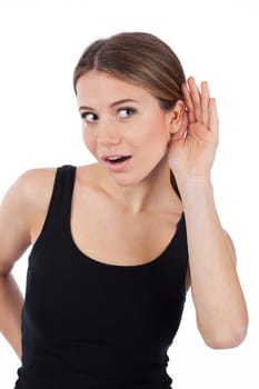 Woman curious trying to listen something, isolated on white