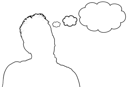 Silhouette,man white with speech bubble,contour black on white background,symbolic text  text box  text-free field.