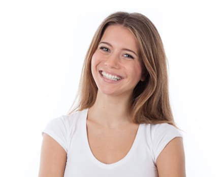 Close up portrait of happy woman, isolated on white