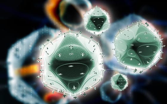 Digital illustration of HIV in colour background