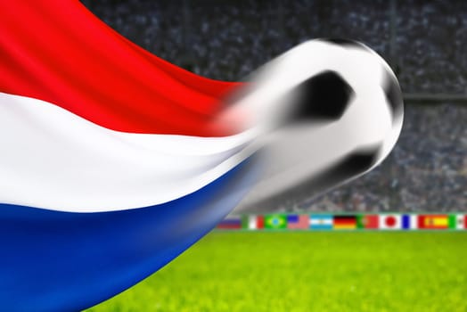 Football flies in front of waving Dutch flag