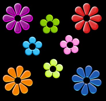 A collection of various size, color, and shape flowers on black.