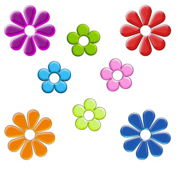 A collection of various size, color, and shape flowers on white.