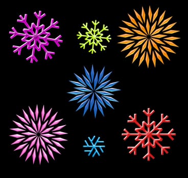 A collection of various size , color, and shape snowflakes on black.