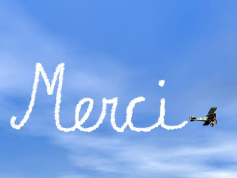 Merci, french thank you message, from biplan smoke in blue sky - 3D render