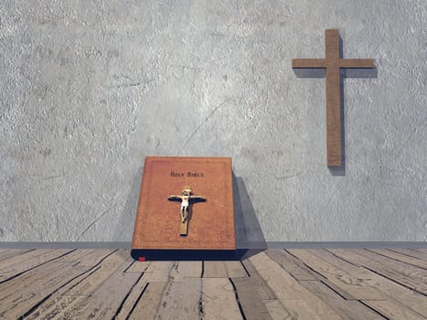 Religious room with Bible and christian cross - 3D render