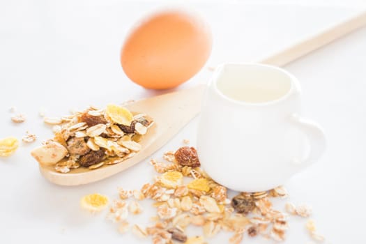 Nutrition ingredient of muesli milk and egg, stock photo