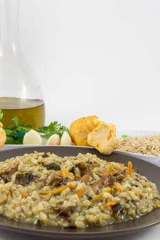 A plate of "risotto"" with mushrooms and its ingredients on white background"