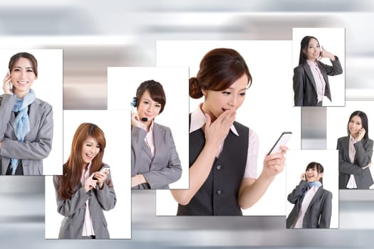 Business people wall with woman talk on phone. Concept about communication, social media, network etc.