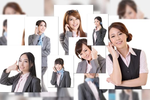 Business people wall with woman talk on phone. Concept about communication, social media, network etc.