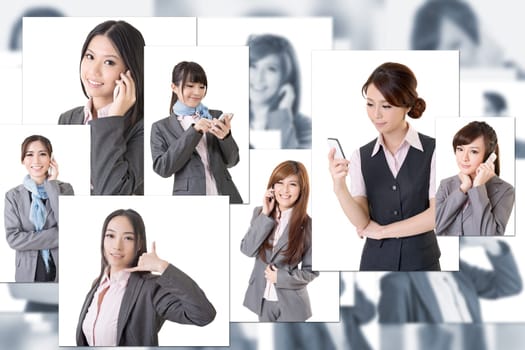 Business people wall with woman talk on phone. Concept about communication, social media, network etc.