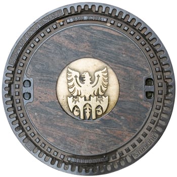 insulated view of a canal cover of the city of Merano with coats of arms and ornaments on white