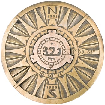 insulated view of a canal cover of the city of Merano with coats of arms and ornaments on white