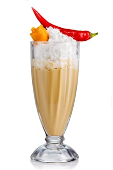 Frappe with cream and spices (chilli, rind) isolated on white background