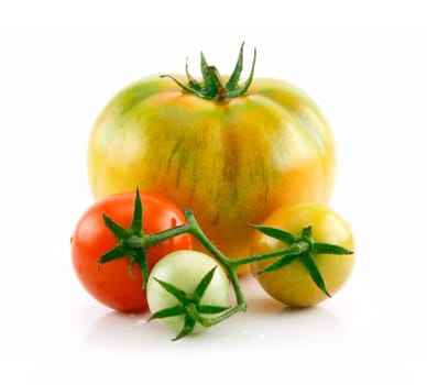 Ripe Wet Red and Green Tomatoes Isolated on White Background