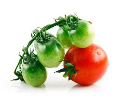 Ripe Wet Red and Green Tomatoes Isolated on White Background