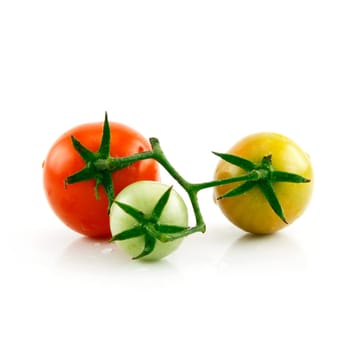 Ripe Wet Red and Green Tomatoes Isolated on White Background