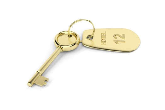Hotel key with a room number on white background