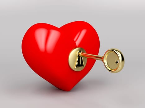 Red heart with gold key and keyhole