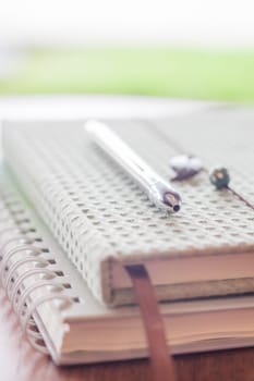 Pen on two notebooks on wooden table, stock photo