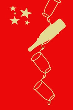 The illustration of a hanging wine bottle in a wine holder and Christmas stars.