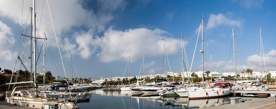 Luxury sailboats in the port of Cala D`or, Mallorca island, Spain - panoramic view