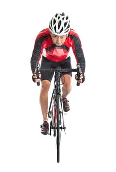 Asian male biker riding road bike, front view isolated on white background.