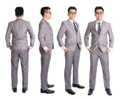 Full body Asian businessman in different angle, front, side and rear view. Standing isolated on white background. Asian male model.
