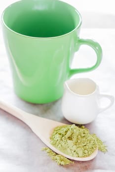 Set of making hot green tea latte drink, stock photo