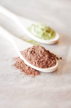 Raw ingredient of cocoa and green tea powder, stock photo