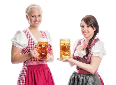 Two Bayrinnen hold beer jugs
