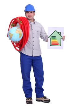 Workers with globe and a symbol of power consumption