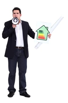 Man with a megaphone and energy rating card
