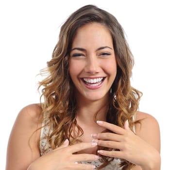 Front portrait of a funny fashion woman laughing hilarious and almost crying isolated on a white background